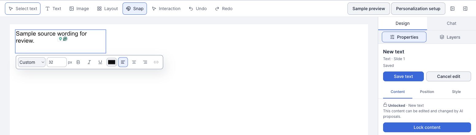 Selected sample slide text with formatting controls and the Save text and Cancel edit buttons