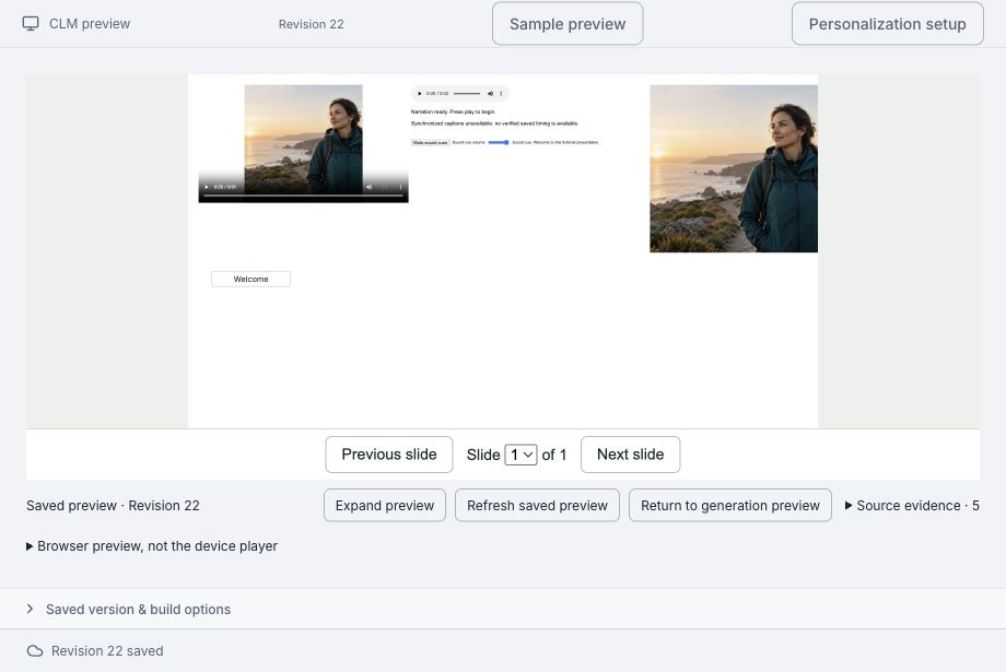 Saved preview Revision 22 with Expand preview, Refresh saved preview, Return to generation preview, Source evidence, and Saved version & build options.