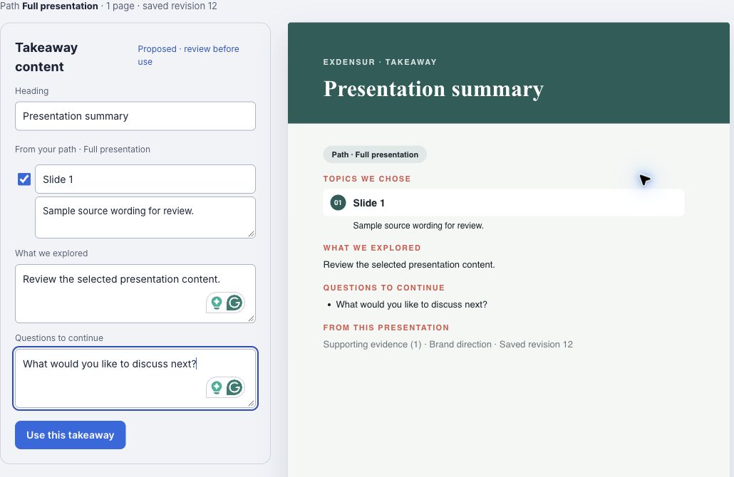 Proposed takeaway with heading, included topic, narrative and question fields beside the document preview